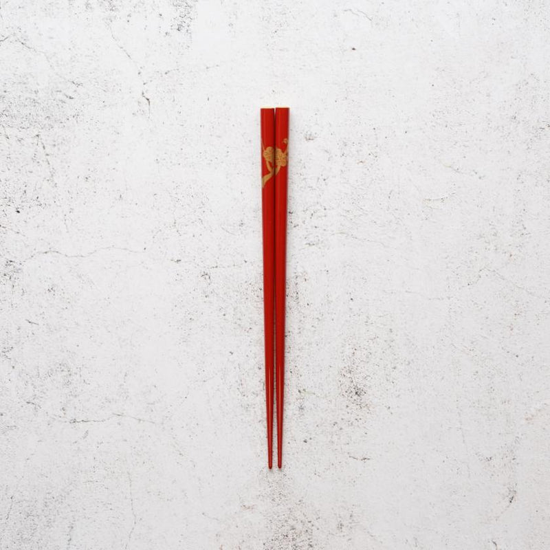 [CHOPSTICKS] HAND-DRAWN GOLD OR SILVER LACQUR PLUM RED (1 SET) | HASHIMOTO KOUSAKU SIKKI | WAJIMA LACQUER