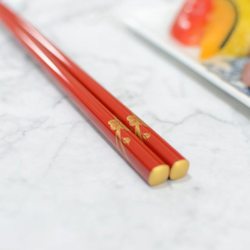 [CHOPSTICKS] HAND-DRAWN GOLD OR SILVER LACQUR PLUM RED (1 SET) | HASHIMOTO KOUSAKU SIKKI | WAJIMA LACQUER