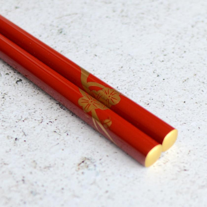 [CHOPSTICKS] HAND-DRAWN GOLD OR SILVER LACQUR PLUM RED (1 SET) | HASHIMOTO KOUSAKU SIKKI | WAJIMA LACQUER