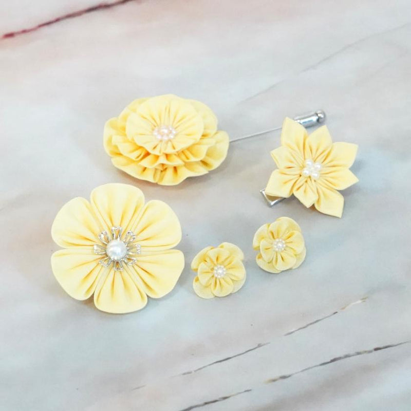 [ACCESSORY 4 PIECES] YELLOW (HAT PIN BROOCH, BROOCH, NON-HOLE EARRINGS, HAIR CLIP) | TSUMAMI KANZASHI