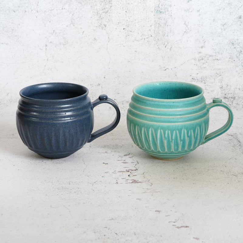 [MUG 2 PIECES SET] TURQUOISE BLUE & INDIGO MATTE | OTANI WARE | OTANIYAKI TAMURA 1796