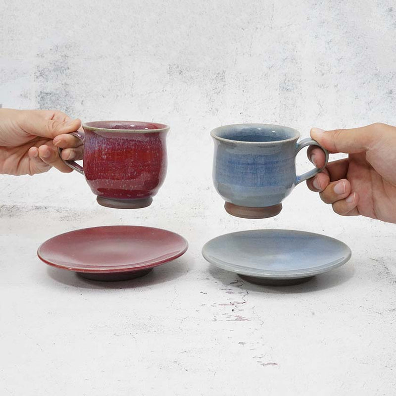 [CUP 2PIECES SET] CINNABAR & BLUE GLAZE | YOSHIMI GAMA | OTANI WARE