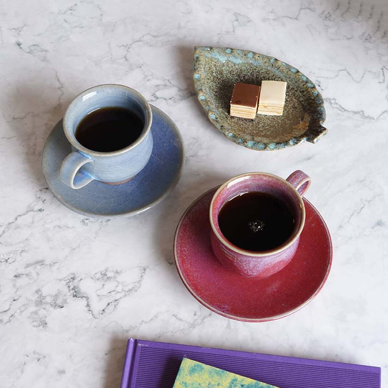 [CUP 2PIECES SET] CINNABAR & BLUE GLAZE | YOSHIMI GAMA | OTANI WARE