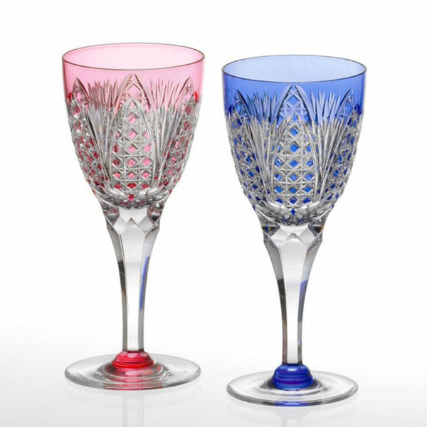 [GLASS] PAIR OF WINE GLASSES BAMBOO LEAVES & TETRAGONAL BASKET WEAVE | EDO KIRIKO | KAGAMI CRYSTAL
