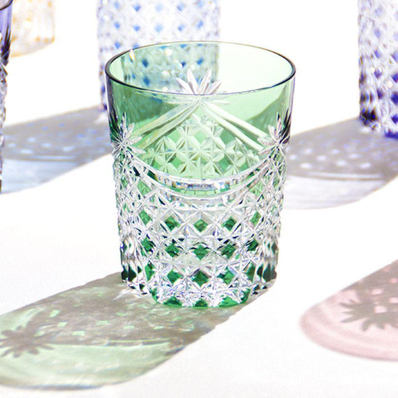 [岩石玻璃]威士忌玻璃懸垂和四方籃編織（綠色）|江戶kiriko |卡加米水晶