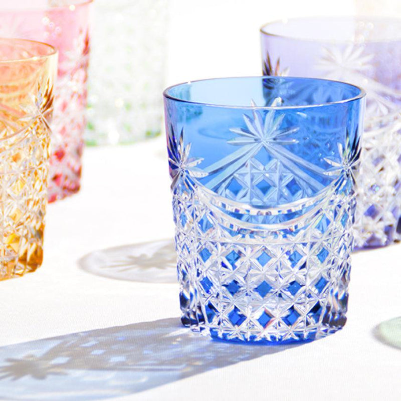 [岩石玻璃]威士忌玻璃懸垂和四方籃編織（藍色）|江戶kiriko |卡加米水晶