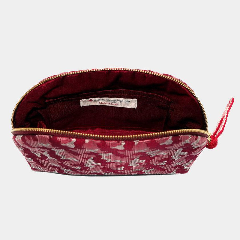 [POUCH] NISHIJIN SILK SHELL-SHAPED POUCH CAMOUFLAGE GLEN CHECK WITH KYO-KUMIHIMO (RED) | NISHIJIN TEXTILES | ATELIER KYOTO NISHIJIN