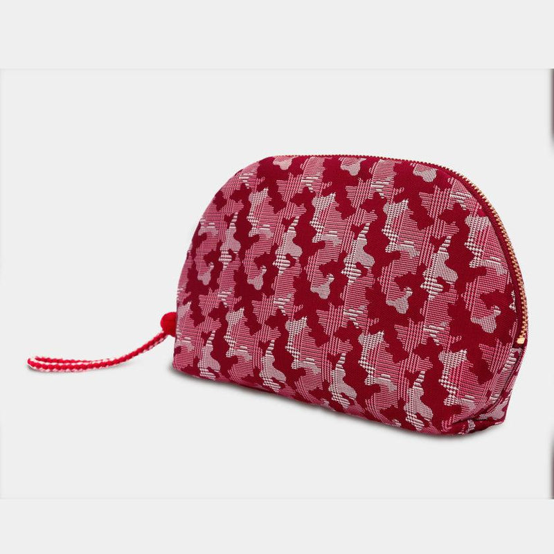 [POUCH] NISHIJIN SILK SHELL-SHAPED POUCH CAMOUFLAGE GLEN CHECK WITH KYO-KUMIHIMO (RED) | NISHIJIN TEXTILES | ATELIER KYOTO NISHIJIN