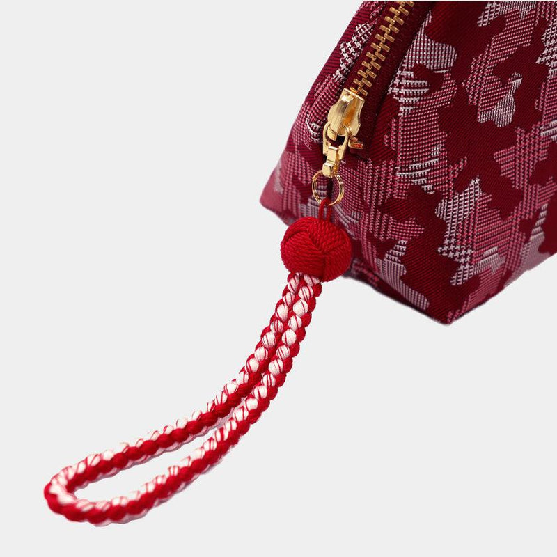 [POUCH] NISHIJIN SILK SHELL-SHAPED POUCH CAMOUFLAGE GLEN CHECK WITH KYO-KUMIHIMO (RED) | NISHIJIN TEXTILES | ATELIER KYOTO NISHIJIN