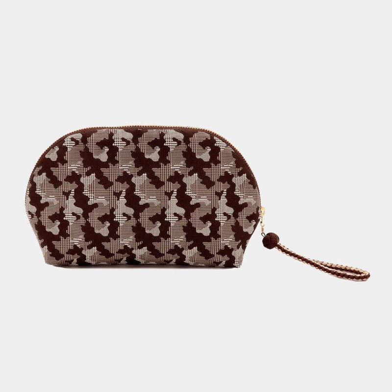 [POUCH] NISHIJIN SILK SHELL-SHAPED POUCH CAMOUFLAGE GLEN CHECK WITH KYO-KUMIHIMO (BROWN) | NISHIJIN TEXTILES | ATELIER KYOTO NISHIJIN