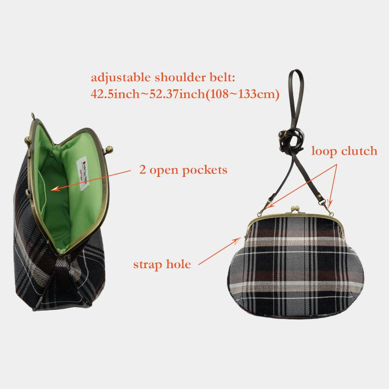 [SHOULDER BAG] WATER-REPELLENT NISHIJIN SILK CLASP GAMA-GUCHI WITH TARTAN CHECK (CHARCOAL BLACK) | NISHIJIN TEXTILES | ATELIER KYOTO NISHIJIN