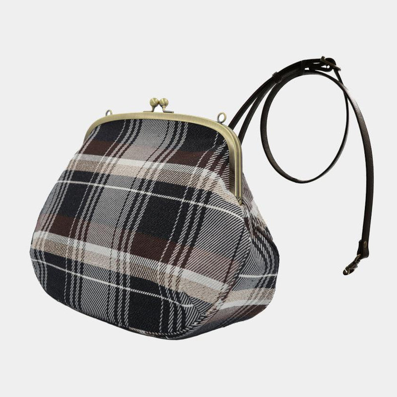 [SHOULDER BAG] WATER-REPELLENT NISHIJIN SILK CLASP GAMA-GUCHI WITH TARTAN CHECK (CHARCOAL BLACK) | NISHIJIN TEXTILES | ATELIER KYOTO NISHIJIN