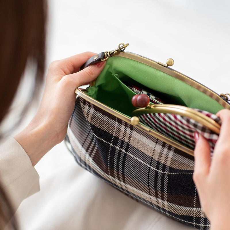 [SHOULDER BAG] WATER-REPELLENT NISHIJIN SILK CLASP GAMA-GUCHI WITH TARTAN CHECK (CHARCOAL BLACK) | NISHIJIN TEXTILES | ATELIER KYOTO NISHIJIN