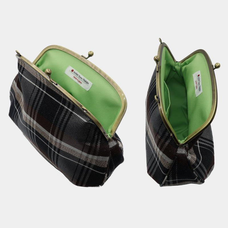 [SHOULDER BAG] WATER-REPELLENT NISHIJIN SILK CLASP GAMA-GUCHI WITH TARTAN CHECK (CHARCOAL BLACK) | NISHIJIN TEXTILES | ATELIER KYOTO NISHIJIN