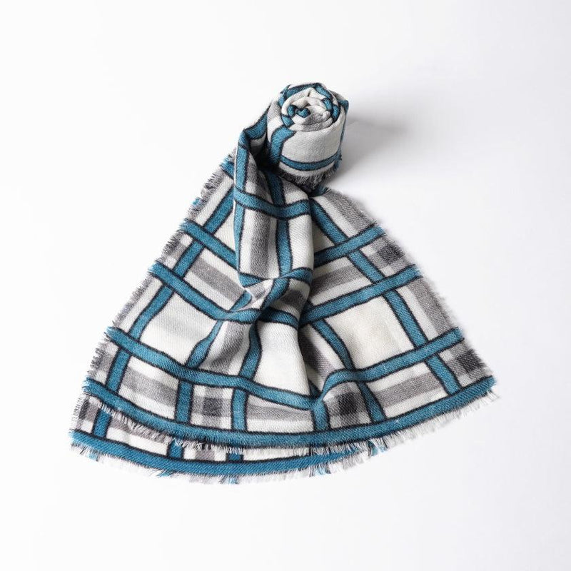 [圍巾]晶格（白色，藍色和灰色）| Kyo Yuzen染色| Nogiguchi Kihei