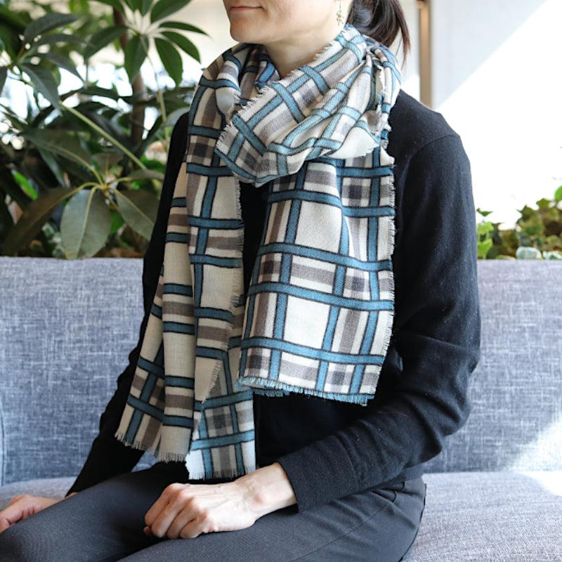 [圍巾]晶格（白色，藍色和灰色）| Kyo Yuzen染色| Nogiguchi Kihei
