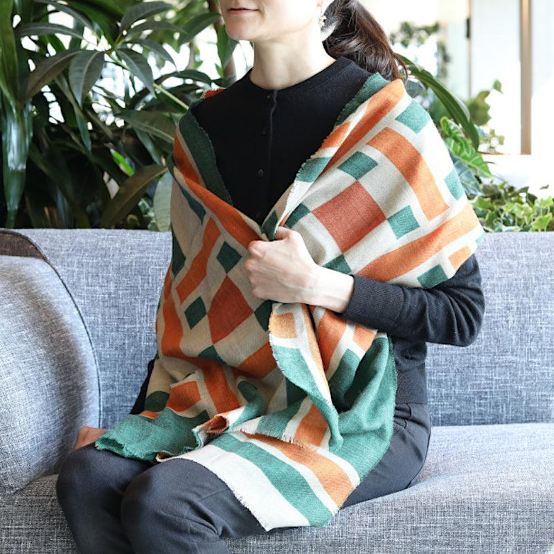 [圍巾]大晶格（綠橙色）| Kyo Yuzen染色| Nogiguchi Kihei