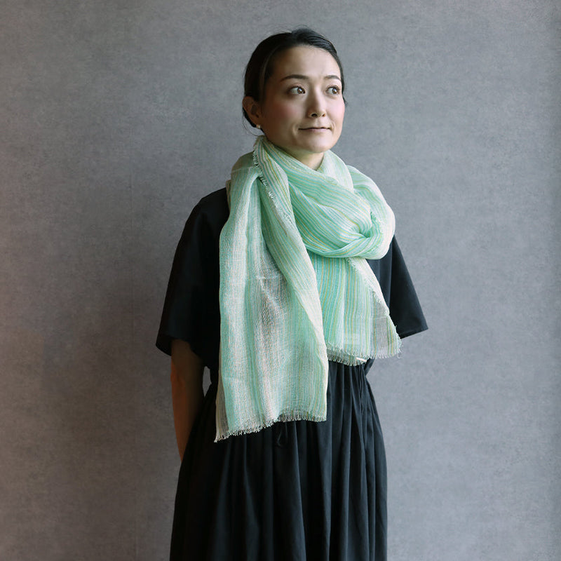 [STOLE] LINEN 190 X 52 STRIPE (COOL GREEN & BLUE) | KYO YUZEN DYEING | NOGIGUCHI KIHEI