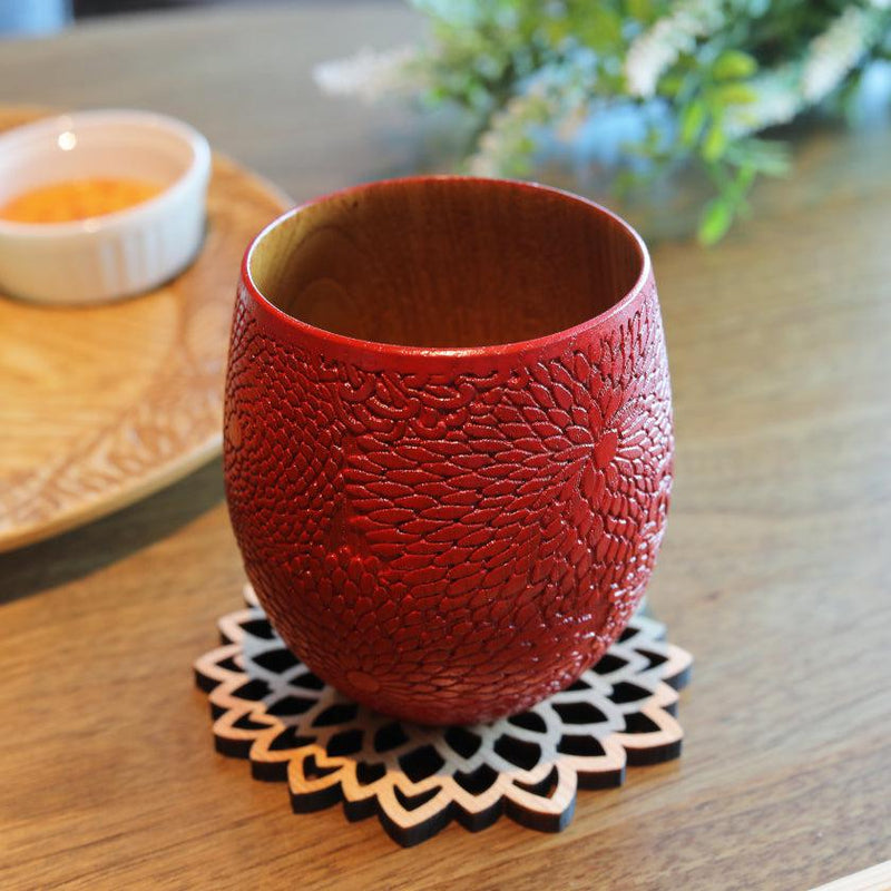 [CUP] CHRYSANTHEMUM PATTERN (RED) | PRINTING AND KYO-YUZEN ENGRAVING| SANSAI STUDIO