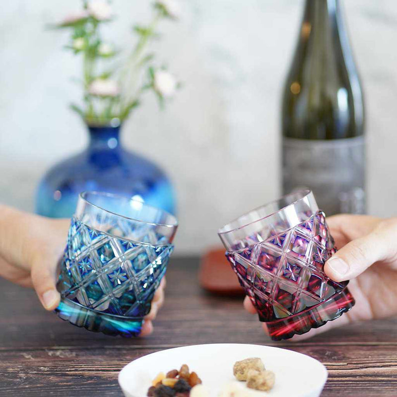 [GLASS] DOUBLE-COVERED LATTICE OLD GLASS (GREEN-LAPIS LAZULI) IN A PAULOWNIA BOX | SATUMA VIDRO | SATSUMA CUT GLASS