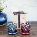 [GLASS] DOUBLE-COVERED LATTICE OLD GLASS 2 PIECES (GREEN-LAPIS LAZULI, GOLD RED, LAPIS LAZULI) IN A PAULOWNIA BOX | SATUMA VIDRO | SATSUMA CUT GLASS