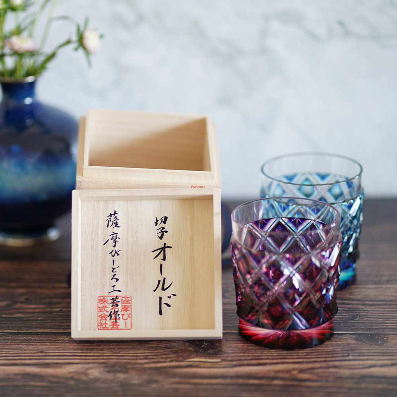 【薩摩切子】satuma 雙層玻璃 格紋復古玻璃杯2件組 (綠/瑠璃、金赤/瑠璃) 附桐木盒