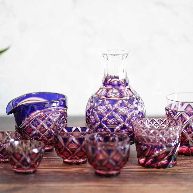 [GLASS] DOUBLE-COVERED OCHOKO (GOLD RED-LAPIS LAZULI) IN A PAULOWNIA BOX | SATUMA VIDRO | SATSUMA CUT GLASS